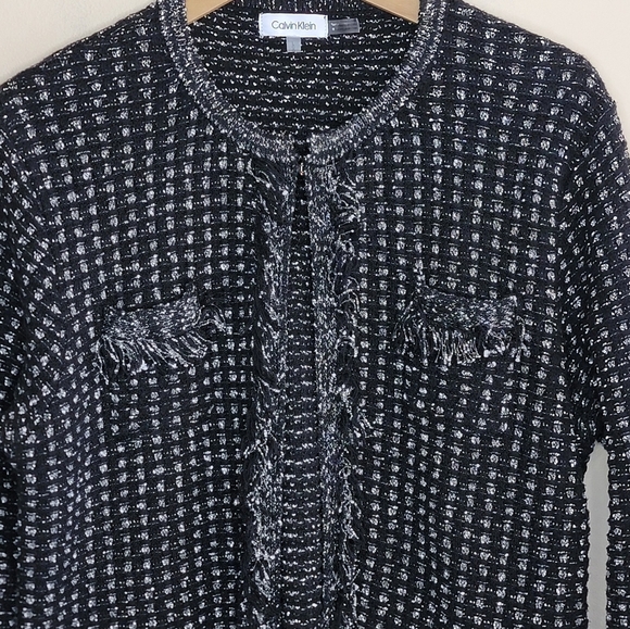 Calvin Klein | Black Textured Lady Jacket Sweater with Fringe Trim Size Large - Picture 2 of 5